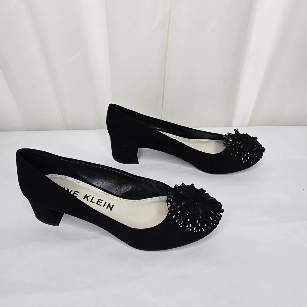 Anne Klein Holly Black Fringe Toe Block Heels Size 7.5 - Picture 2 of 10